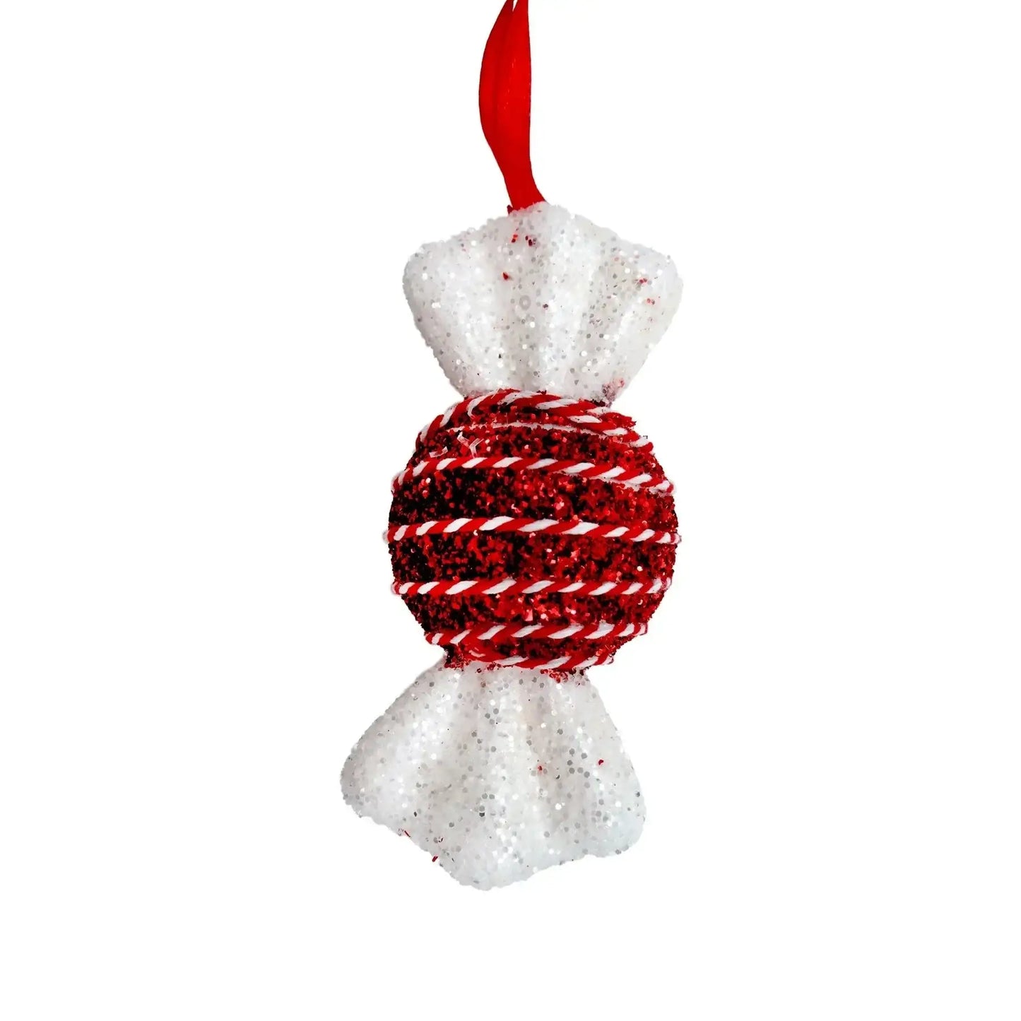 Red and White Tinsel Glitter Round Candy with String Hanging Decoration (13cm)