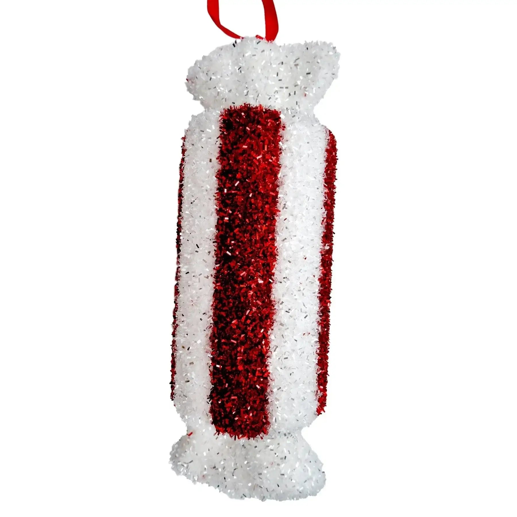 Red and white glittery candy ornament with ribbon for festive holiday décor