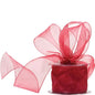 Red organza ribbon spool with decorative bow for gift wrapping and home décor