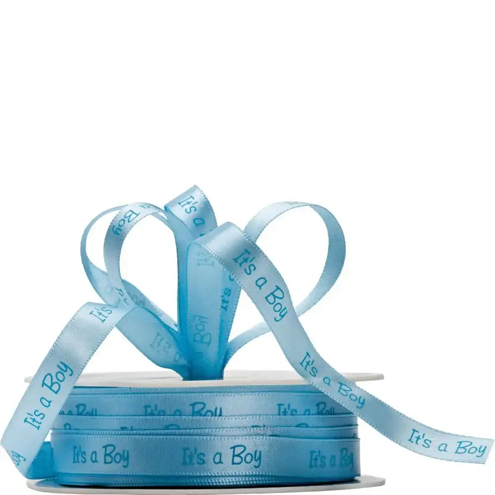 Light blue satin ribbon roll with 'It's a Boy' text, ideal for baby shower gifts or decor