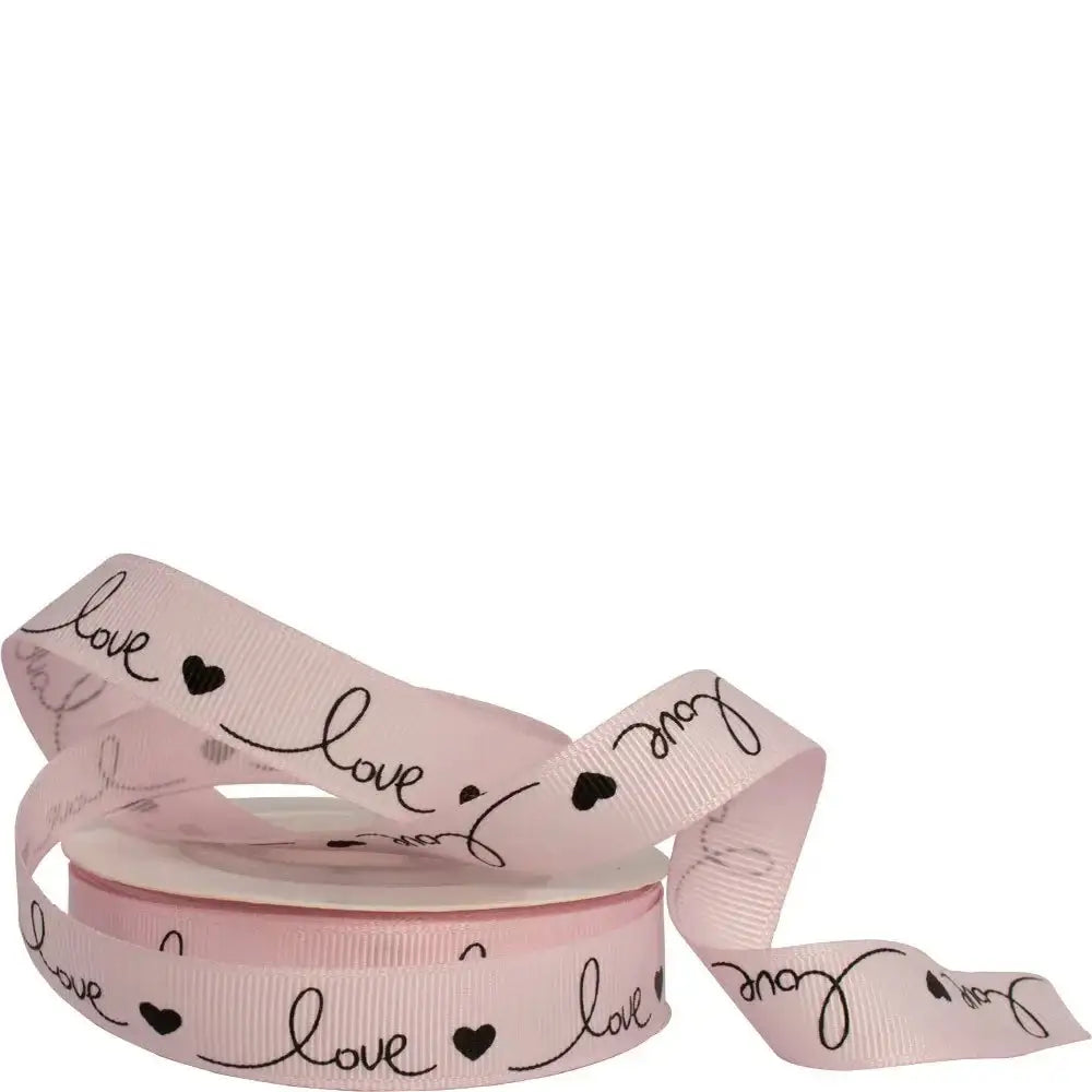 Pink ribbon with love and heart print, ideal for gift wrapping and home décor accents