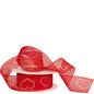 Red sheer ribbon with gold heart pattern on a spool, perfect for gift wrapping and decoration.