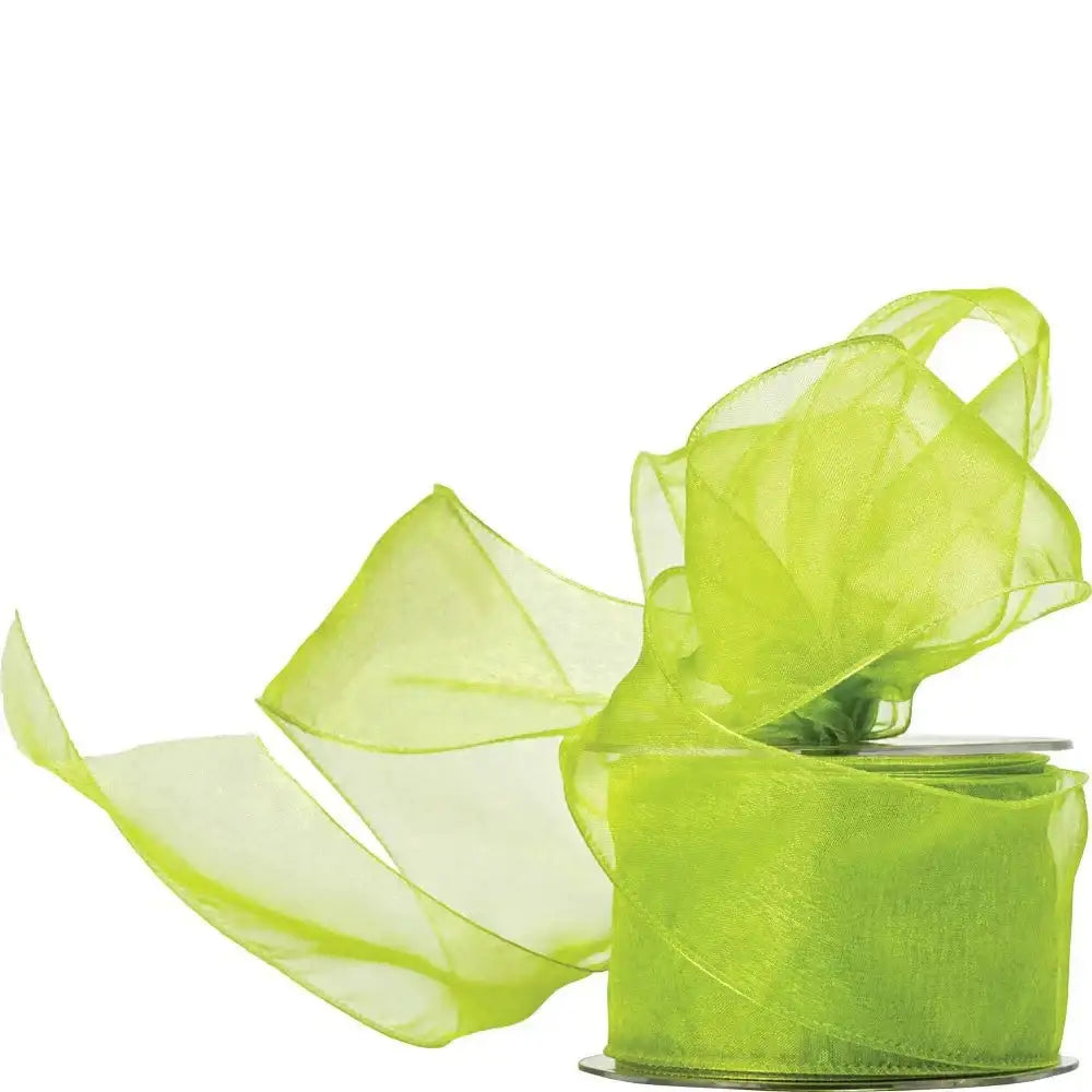 Sheer lime green organza ribbon on a spool, ideal for gift wrapping and home décor crafts.