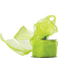 Sheer lime green organza ribbon on a spool, ideal for gift wrapping and home décor crafts.