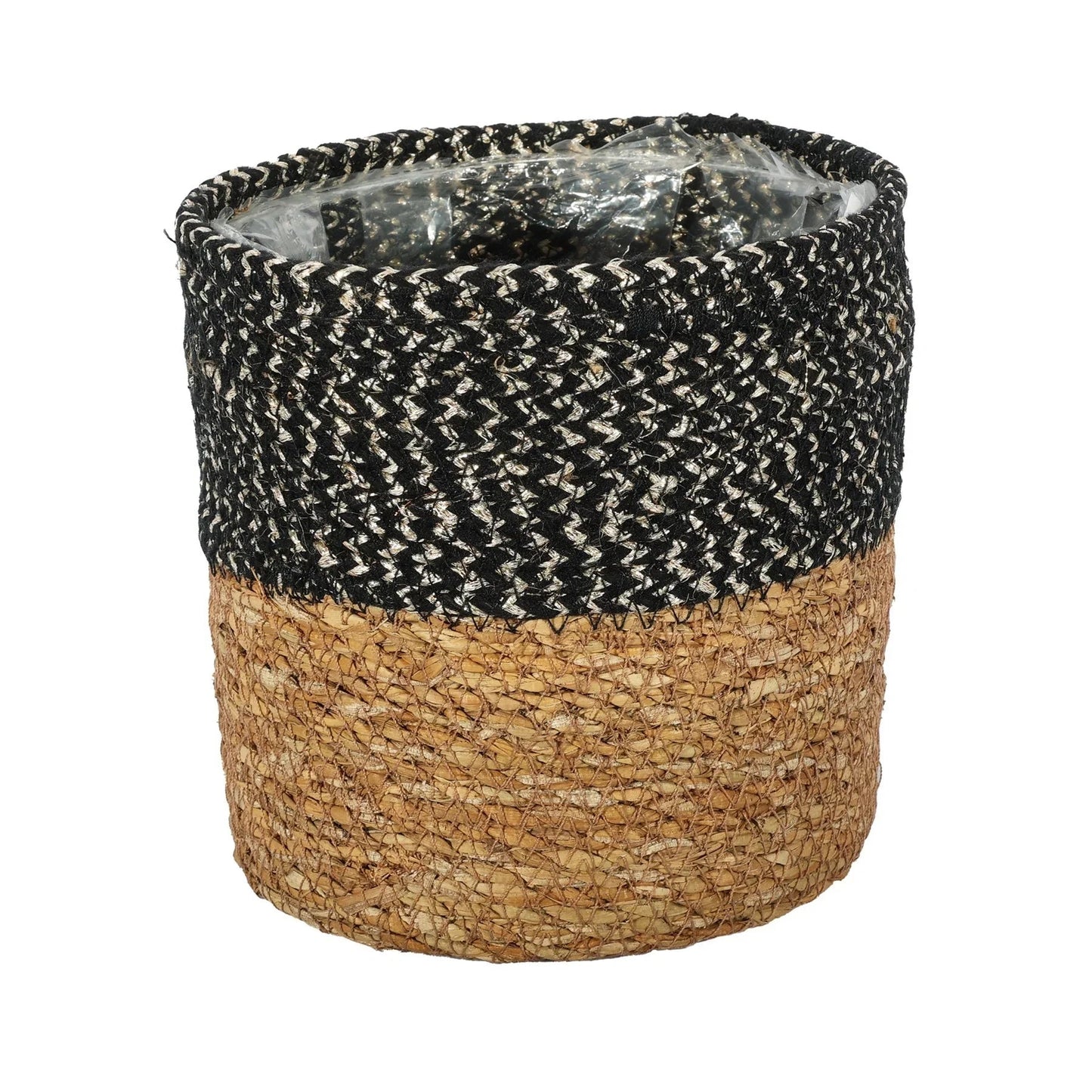Natural &amp; Black Seagrass Basket with Liner (16 x 16cm)