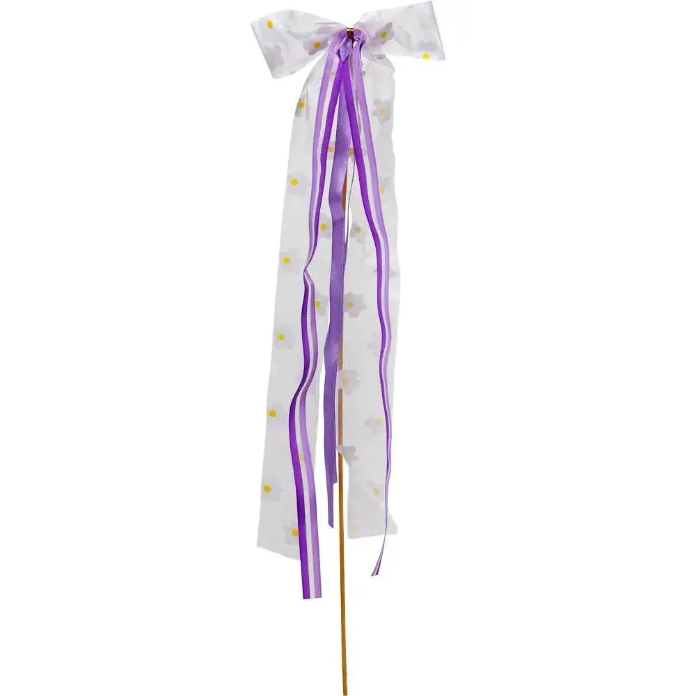 White sheer bow with purple ribbons and yellow polka dots, decorative gift pick