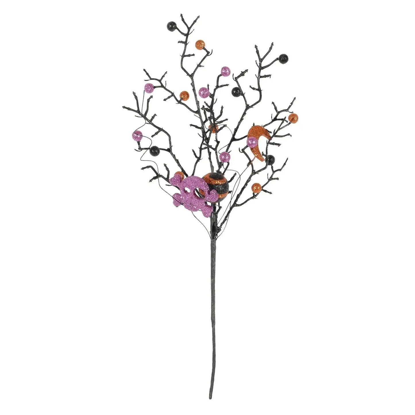 Glittery Halloween twig pick with black branches, orange and purple decorative accents