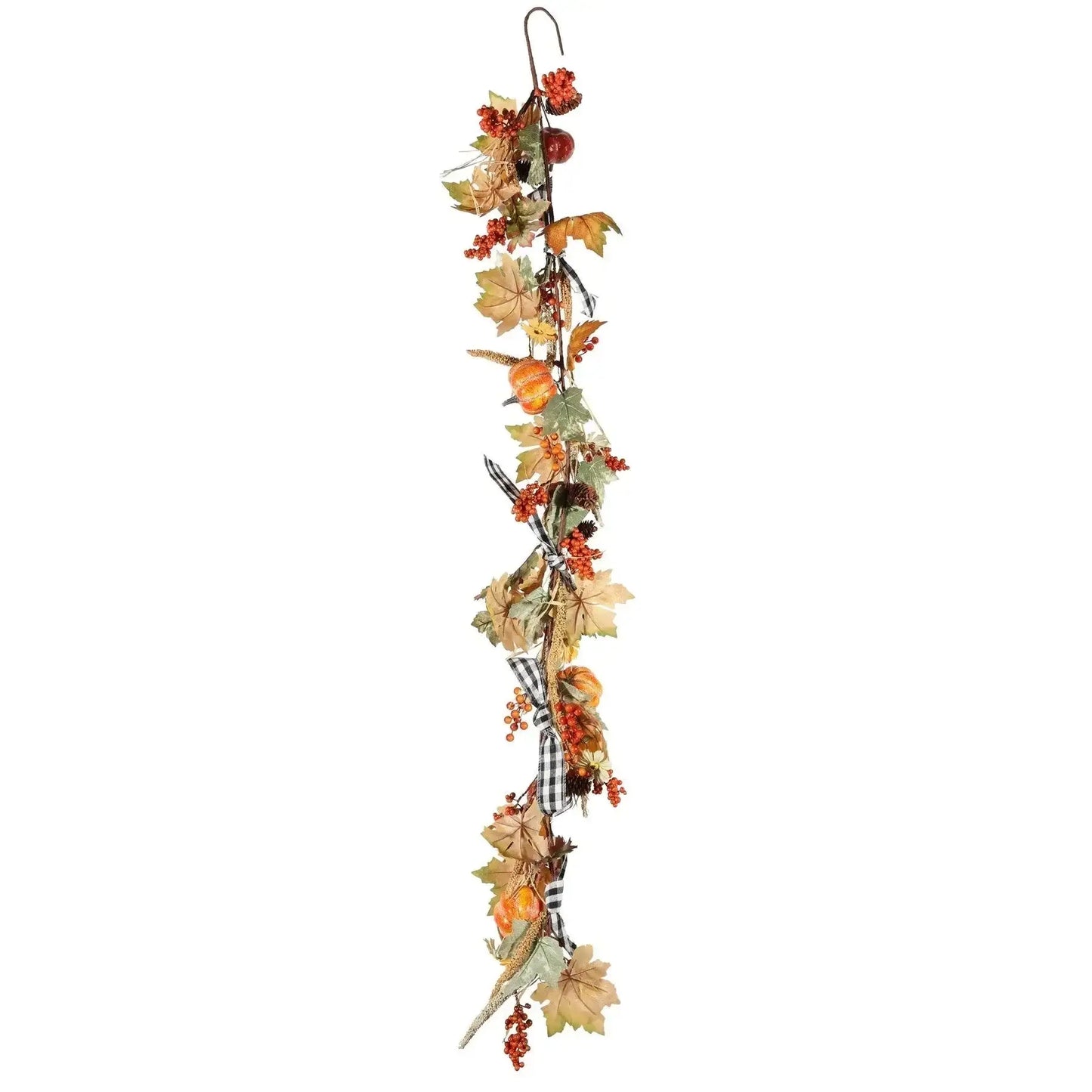 Fall harvest garland with artificial pumpkins, berries, maple leaves, and black plaid ribbon
