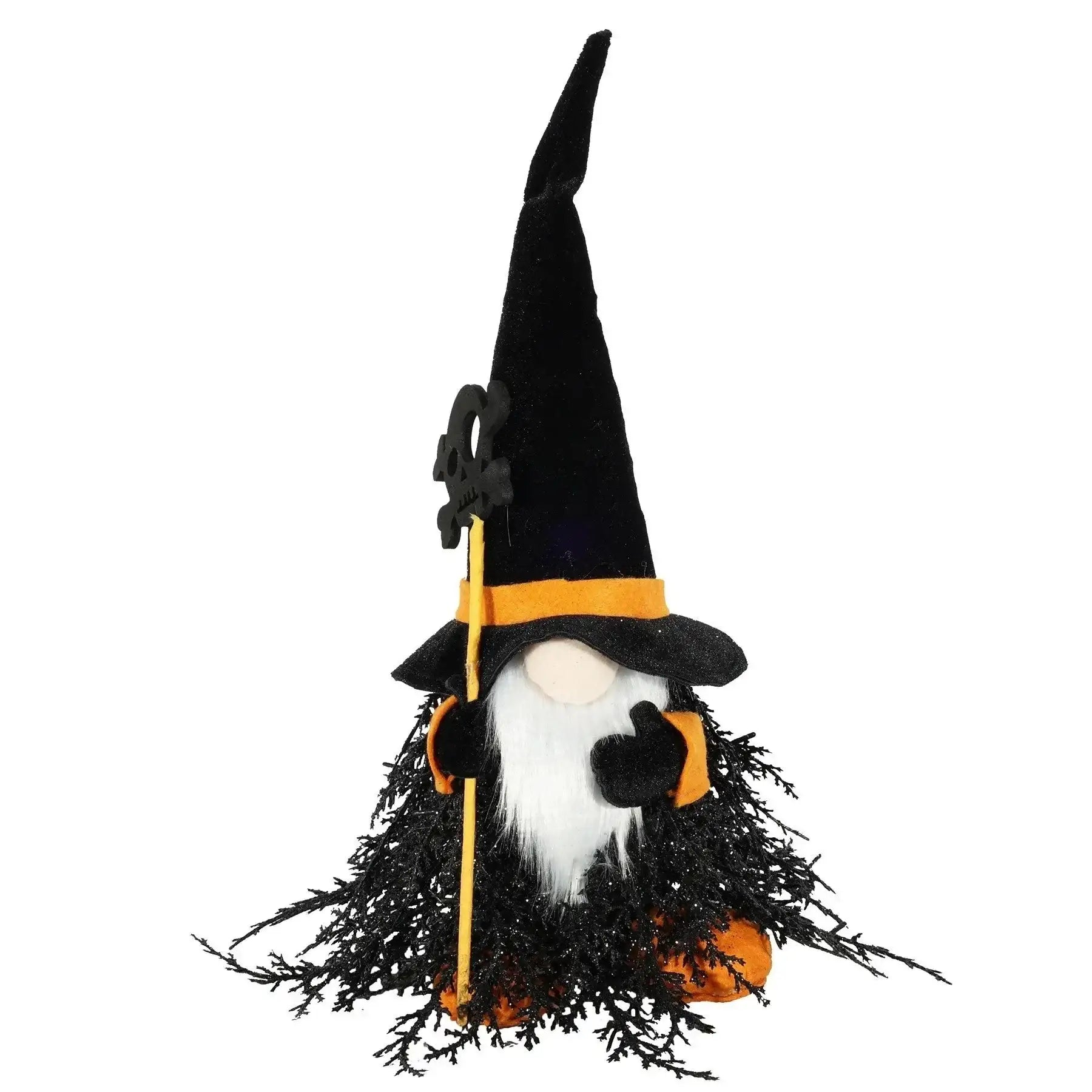 Halloween gnome witch figurine with black hat, orange accents, and white beard, festive decor