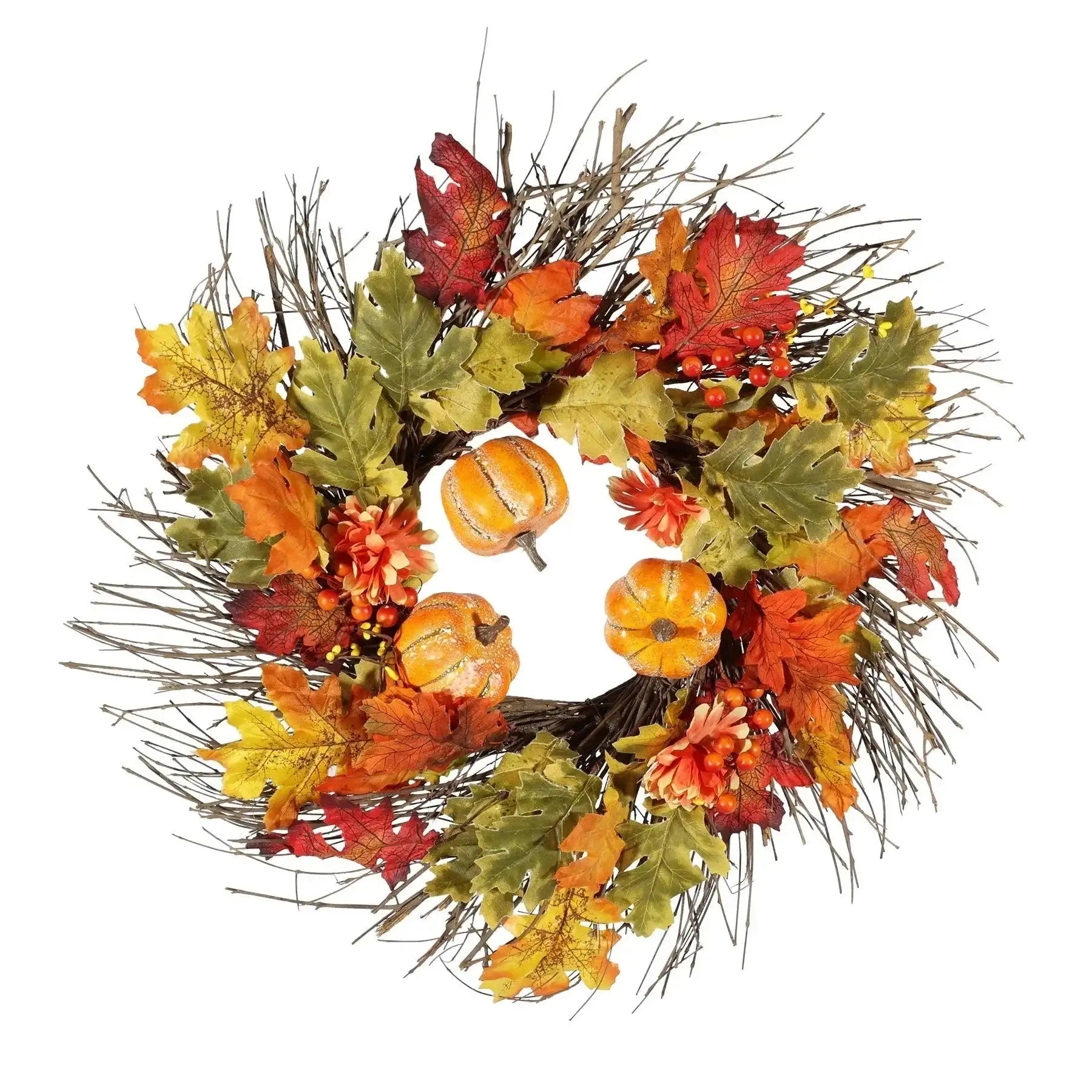 Autumn wreath with orange pumpkins, artificial leaves, berries and twigs, festive home décor