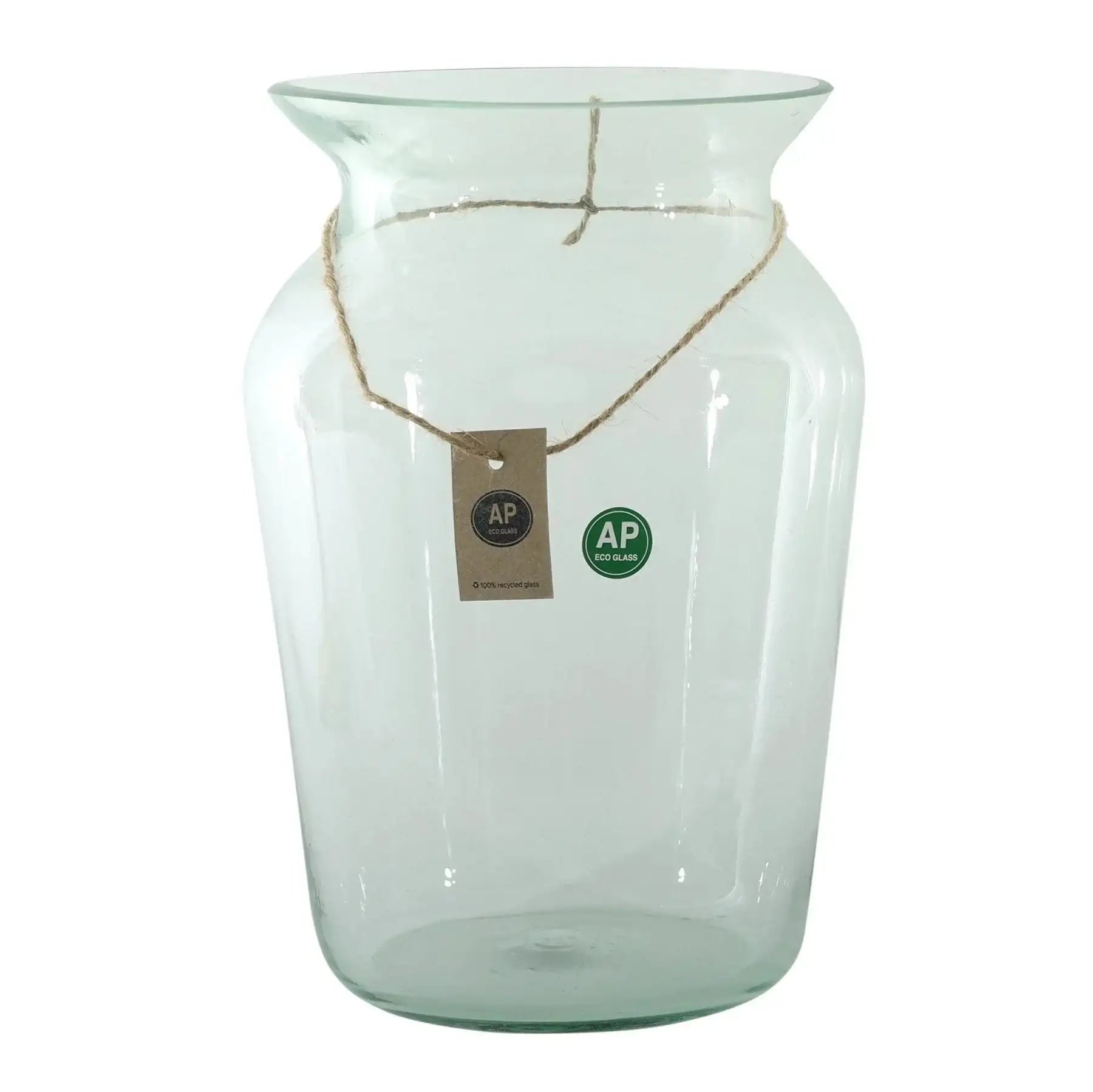 Clear recycled glass vase with wide rim and eco-friendly label, ideal home decor accent