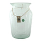 Clear recycled glass vase with wide rim and eco-friendly label, ideal home decor accent