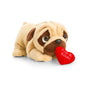 Plush pug toy holding red heart with 'Pugs & Kisses' text, cute gift for celebrations