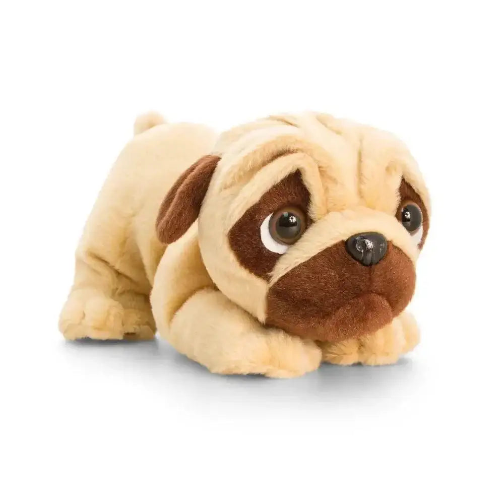 Cute plush pug dog stuffed animal toy with big eyes on white background, gift idea for kids
