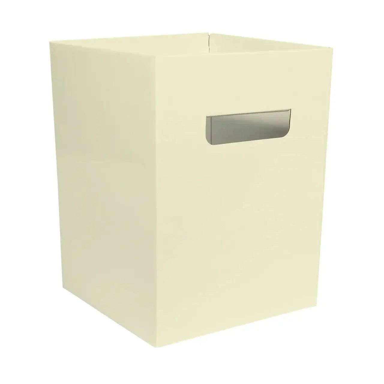 Beige square storage bin with silver handle for home organization