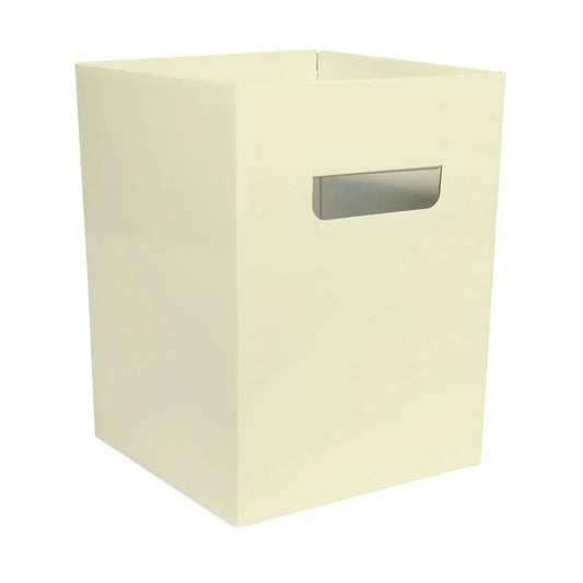 Beige square storage bin with silver handle for home organization