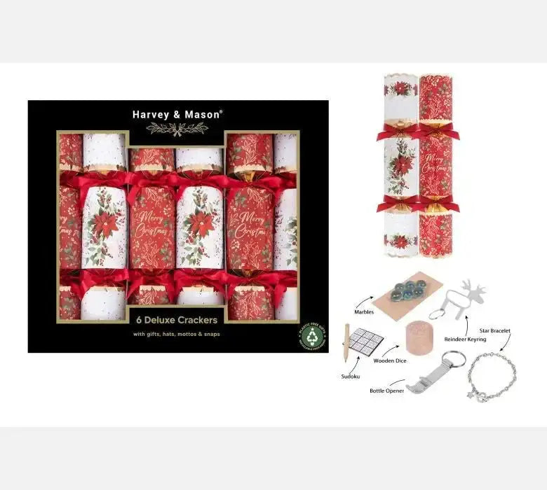 Box of deluxe Christmas crackers with festive poinsettia design and included novelty gifts