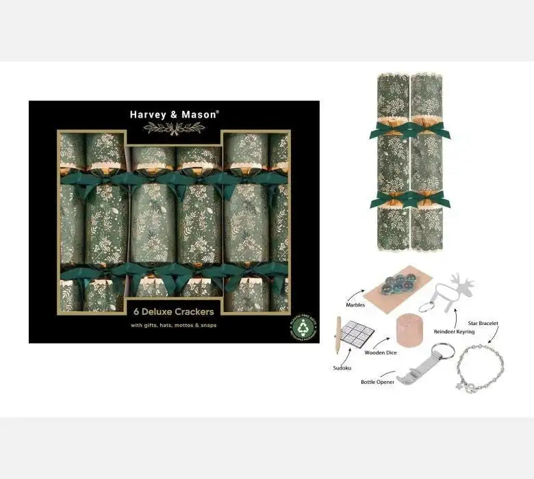 Box of six festive green and gold deluxe crackers with hats, gifts, and party favors