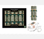 Box of six festive green and gold deluxe crackers with hats, gifts, and party favors