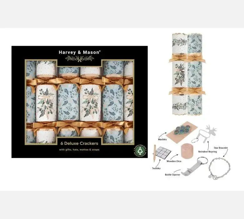 Box of 6 deluxe Christmas crackers with gold bows, festive foliage designs, and included novelty gifts.