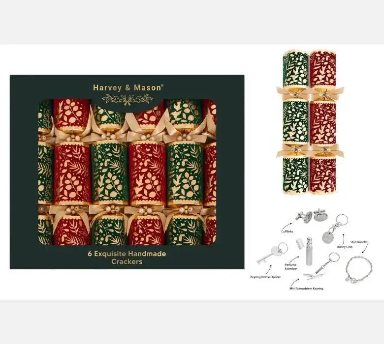 Box of six luxury handmade Christmas crackers in red and green with gold bows and included gift items.