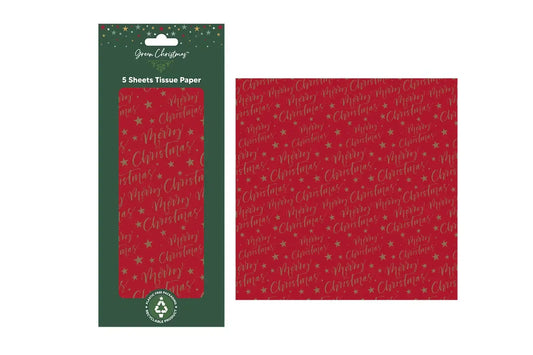 Red Christmas tissue paper with gold 'Merry Christmas' text and stars, pack of 5 sheets