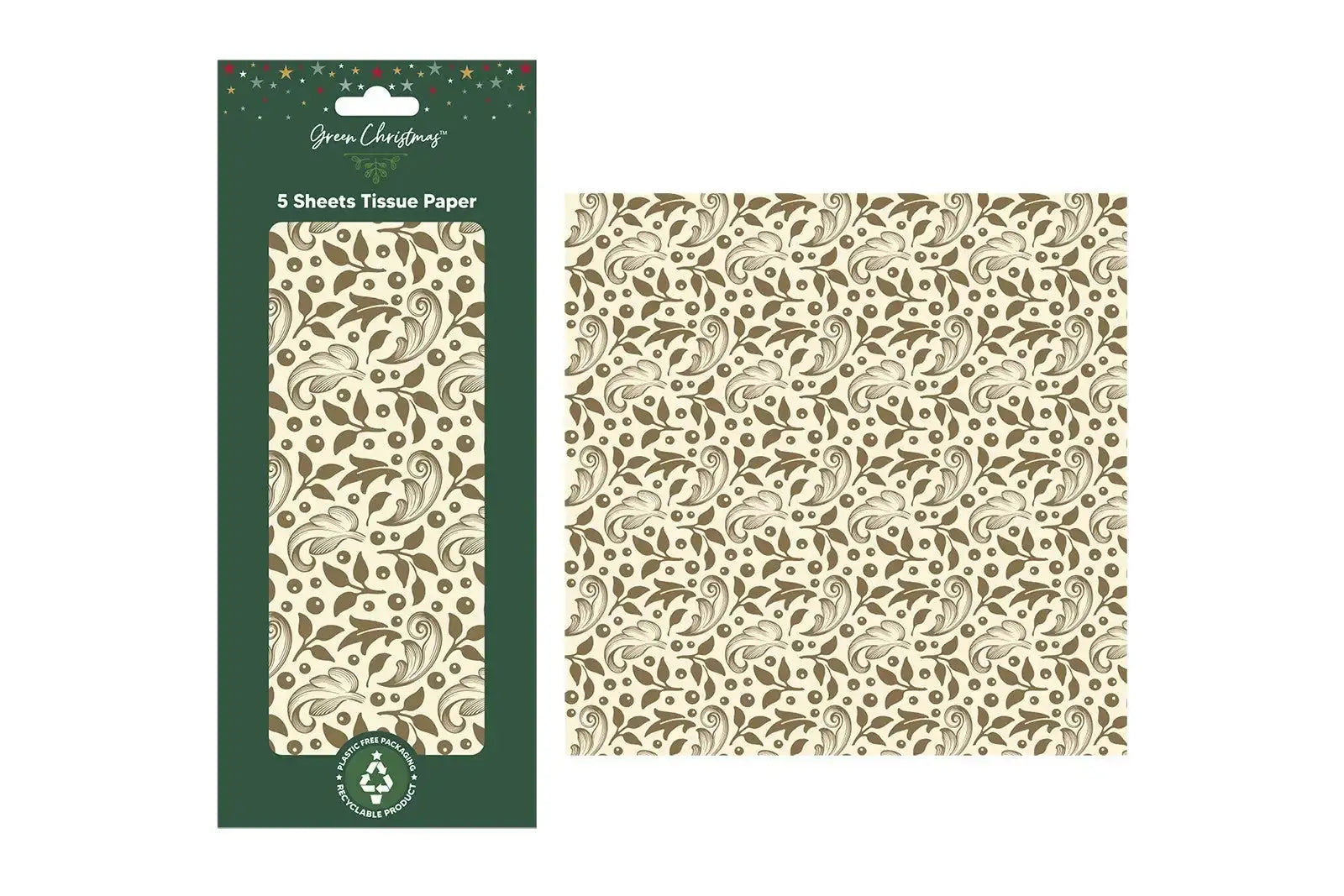Pack of 5 sheets Christmas tissue paper with gold botanical festive pattern, eco-friendly packaging.