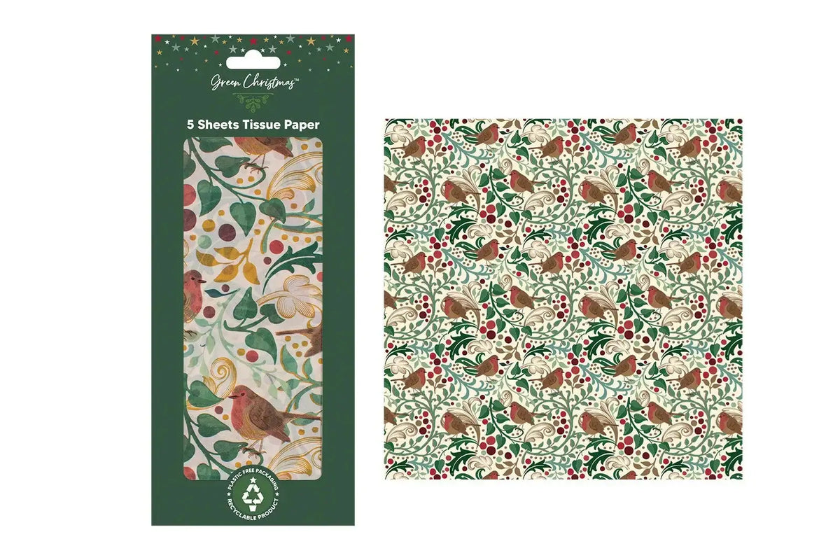 Christmas tissue paper with red robins, holly, berries, and festive foliage pattern.