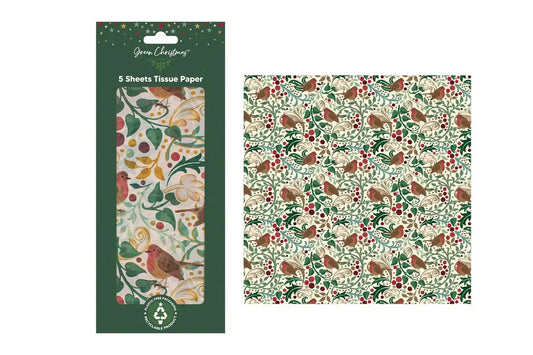 Christmas tissue paper with red robins, holly, berries, and festive foliage pattern.