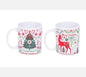 Festive ceramic mugs with Christmas tree and reindeer designs, Merry Christmas text, holiday décor