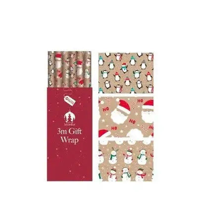 Christmas gift wrap set with festive Santa, penguin, and snowman designs on kraft paper.
