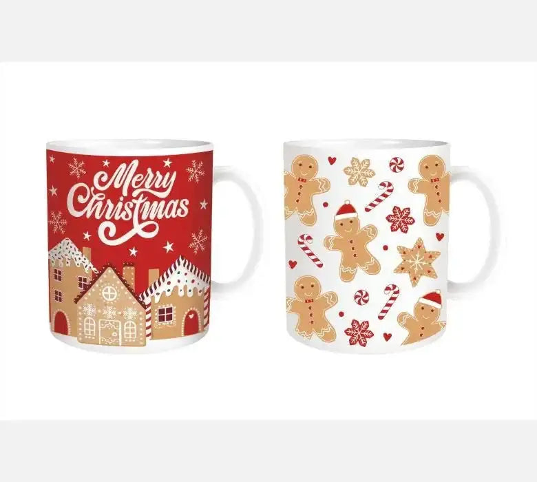 Christmas mugs with gingerbread houses, gingerbread men, snowflakes, and candy cane designs