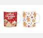 Christmas mugs with gingerbread houses, gingerbread men, snowflakes, and candy cane designs
