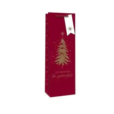 Red Christmas wine gift bag with gold tree and festive sparkle message