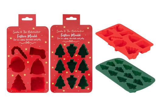 Set of festive silicone molds in red and green for making Christmas-themed ice cubes or treats