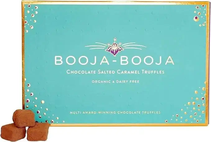 Box of Booja-Booja chocolate salted caramel truffles, organic and dairy free, with truffles beside box