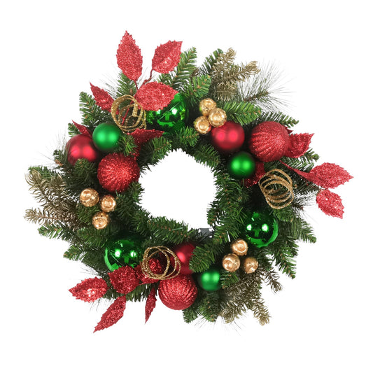 Discover the Red  Green Gold Mixed Foliage Bauble Wreath (45cm) at Bristow Direct
