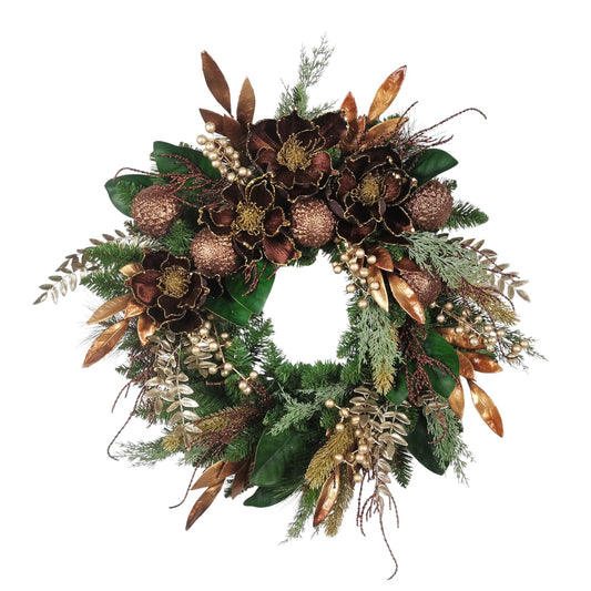 Discover the Brown Mixed Foliage  Bauble Magnolia Wreath (60cm) at Bristow Direct