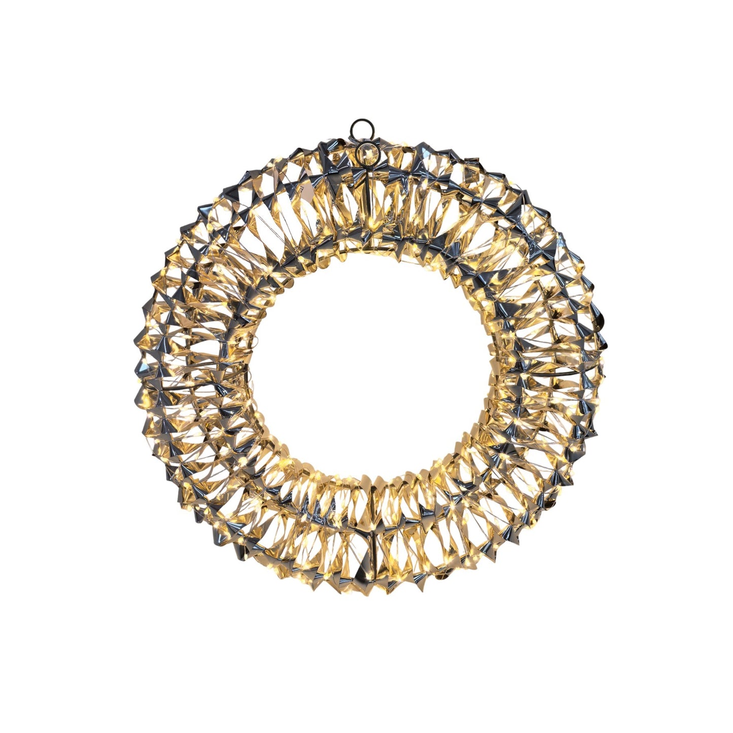 Discover the Shiny Gold Hanging Deco Wreath with Warm White LED Flashing Lights (38cm) at Bristow Direct