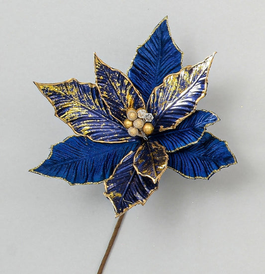 Discover the Deep Blue Metallic Gold Christmas Poinsettia Pick (48cm) at Bristow Direct