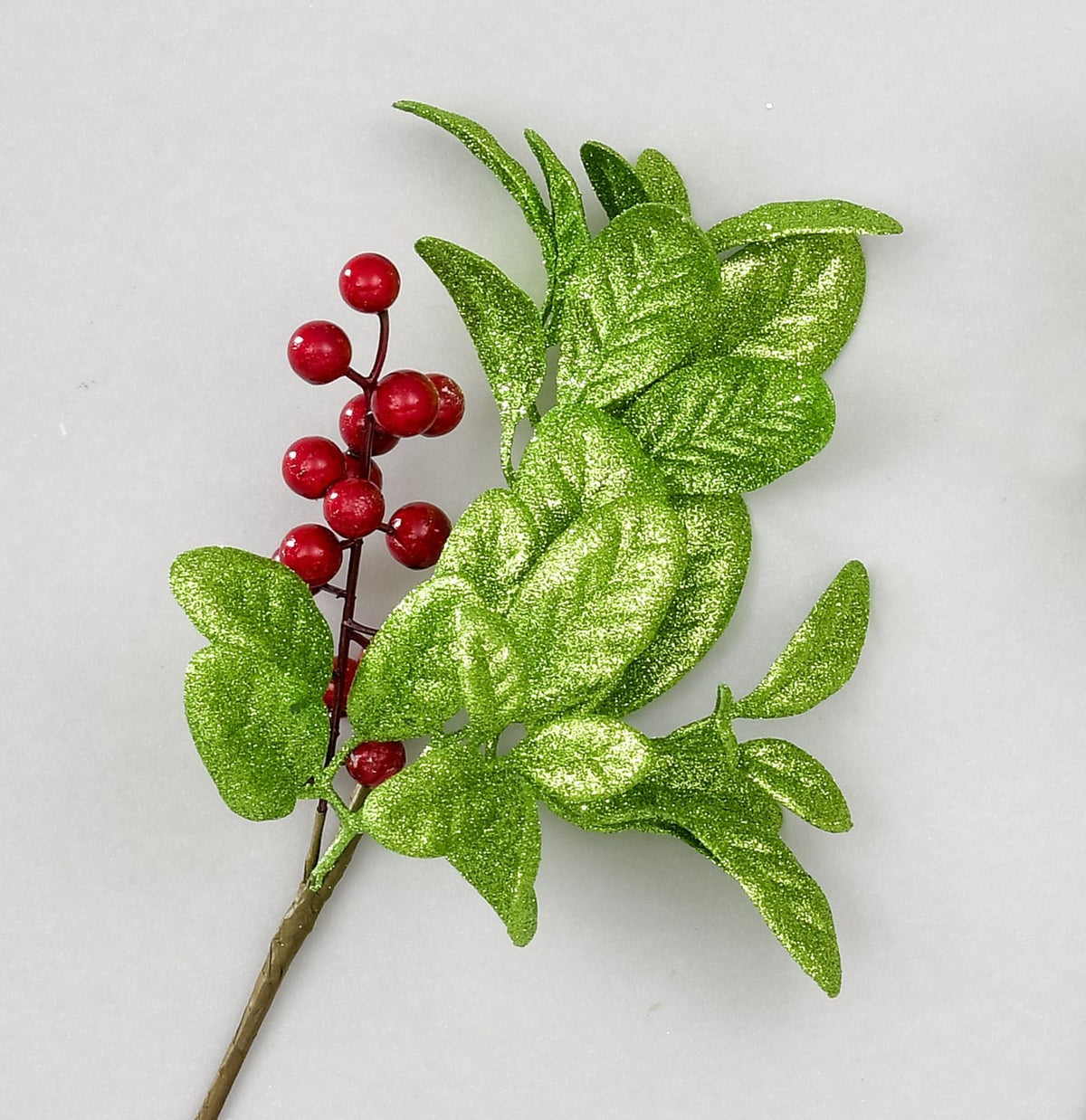 Discover the Green Glittered Leaf & Berry Spray Pick (34cm) at Bristow Direct