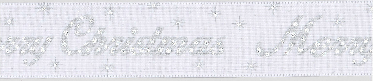 Discover the White Silver Merry Christmas Repeating Script Ribbon (63mm x 9.1m) at Bristow Direct