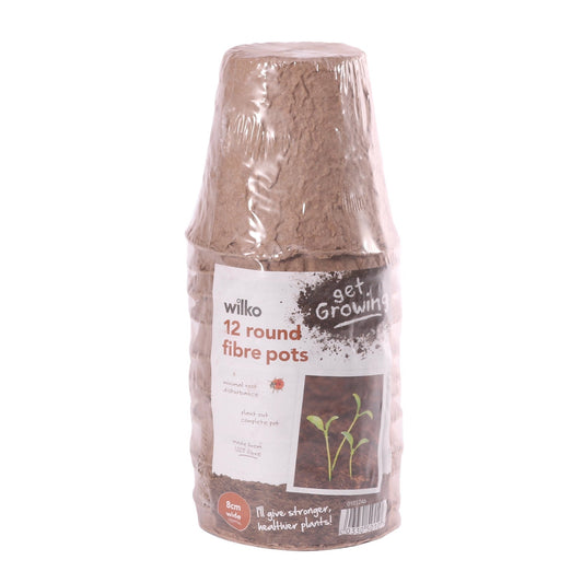 8cm Round Brown Fibre Pots (x12)