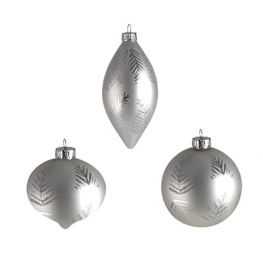 Discover the Silver Glass Bauble with Leaf Pattern (Assorted Designs) at Bristow Direct