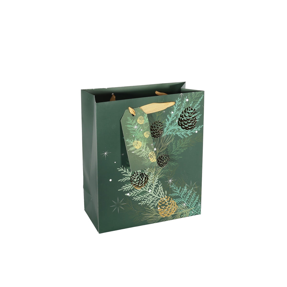 Discover the Green Gold Medium Christmas Foliage Pine Cones Gift Bag with Tag (25cm) at Bristow Direct