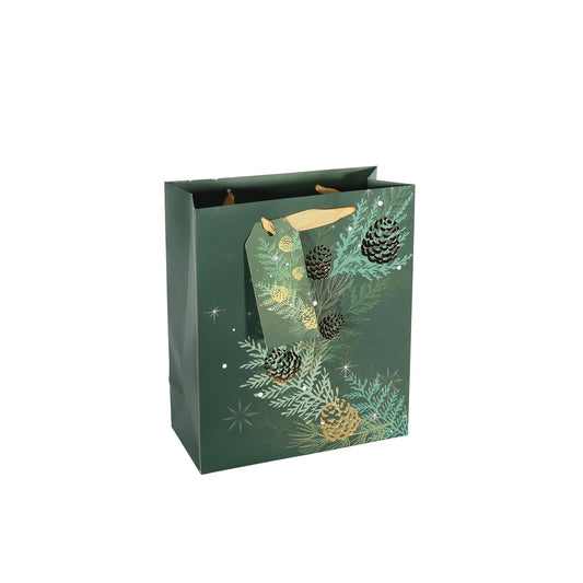 Discover the Green Gold Medium Christmas Foliage Pine Cones Gift Bag with Tag (25cm) at Bristow Direct