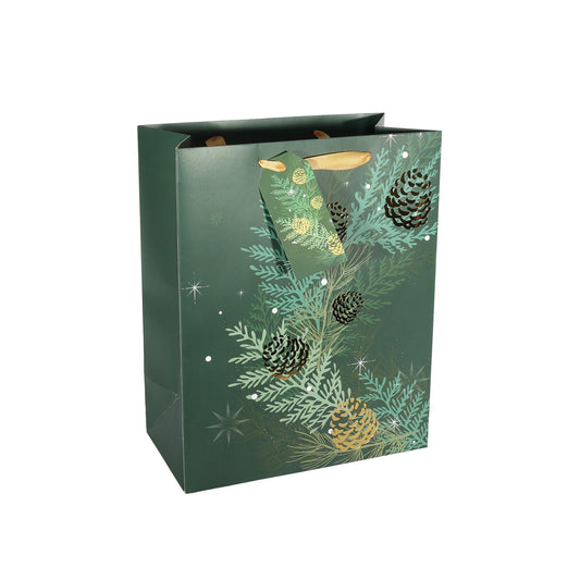 Discover the Green Gold Large Christmas Foliage Pine Cones Gift Bag with Tag (33cm) at Bristow Direct