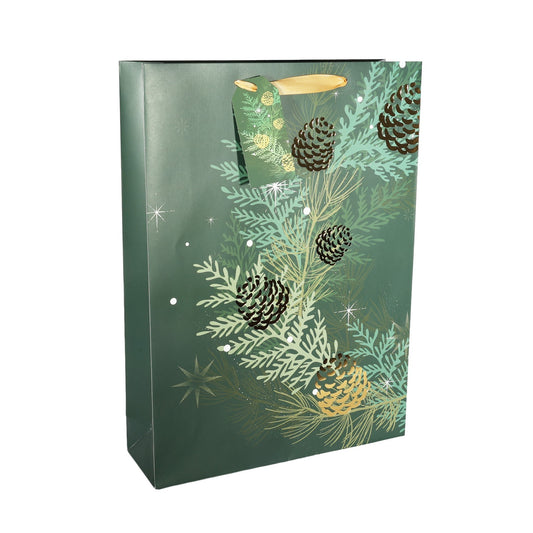 Discover the Green Gold Extra Large Christmas Foliage Pine Cones Gift Bag (45.5cm) at Bristow Direct
