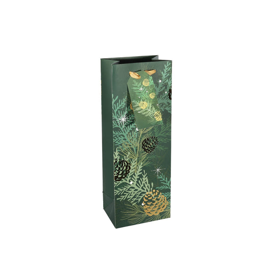 Discover the Green Gold Christmas Foliage Pine Cones Bottle Gift Bag with Tag at Bristow Direct
