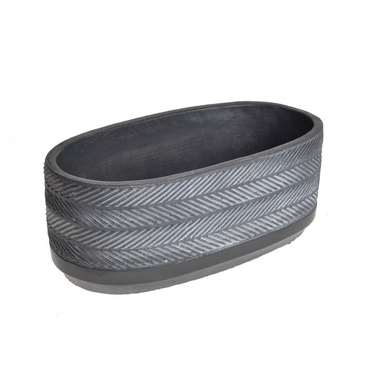 Discover the Oval Dark Grey Cement Planter with Oblique Pattern at Bristow Direct
